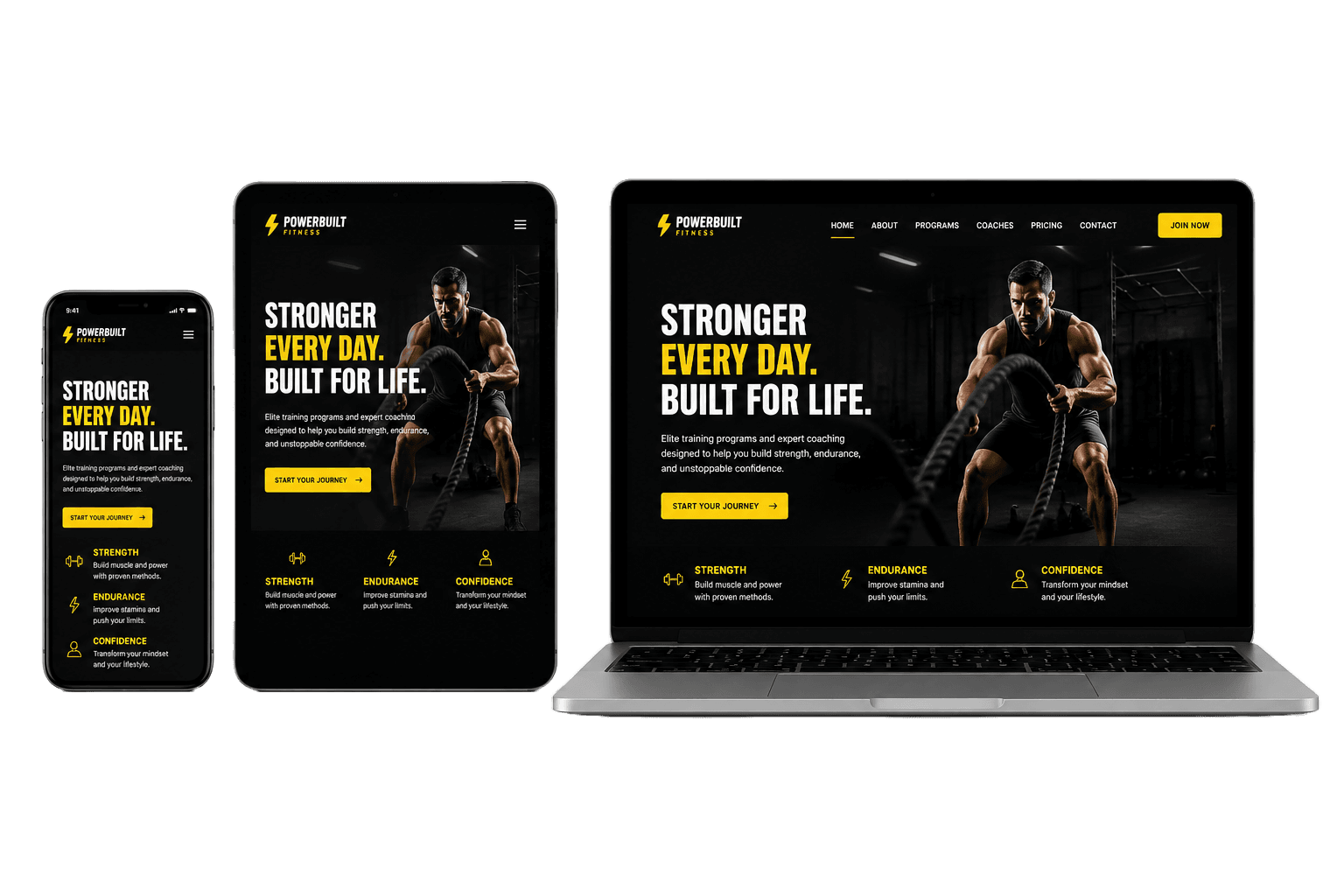 The same website shown on a phone, tablet, and laptop — adapting perfectly to every screen size.